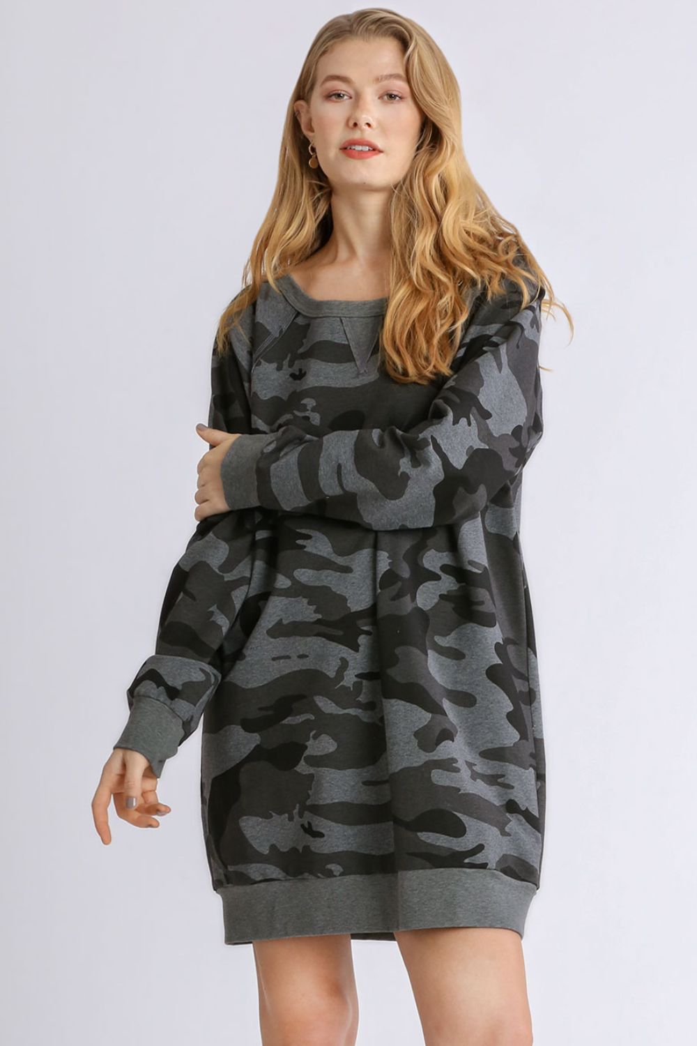 Umgee Full Size Camo Print Ribbed Hem French Terry Mini Dress Plus Size.