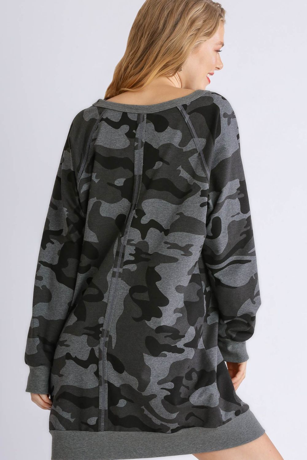 Umgee Full Size Camo Print Ribbed Hem French Terry Mini Dress Plus Size.