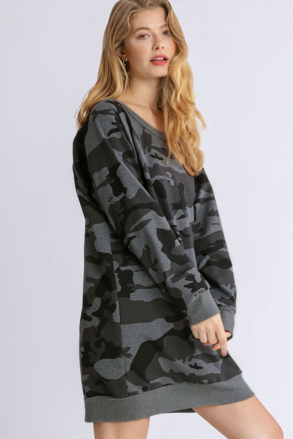 Umgee Full Size Camo Print Ribbed Hem French Terry Mini Dress Plus Size.
