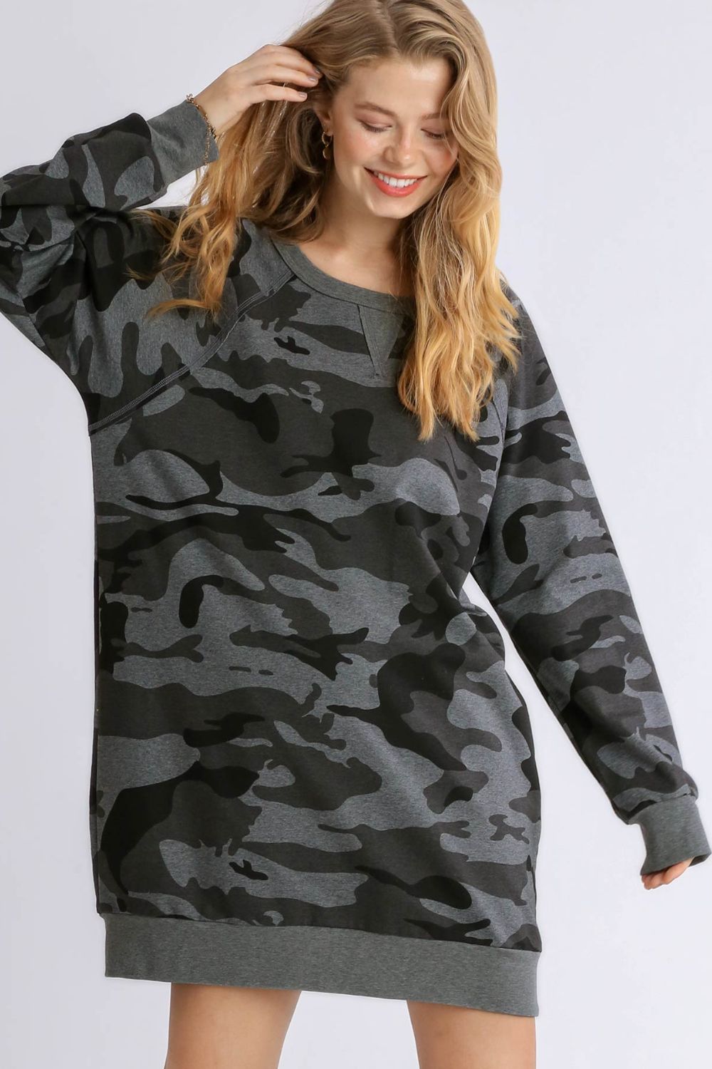 Umgee Full Size Camo Print Ribbed Hem French Terry Mini Dress Plus Size.