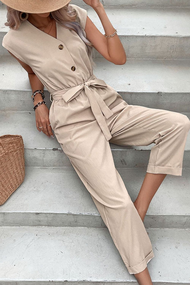 Capped Sleeve Belted V-Neck Jumpsuit.
