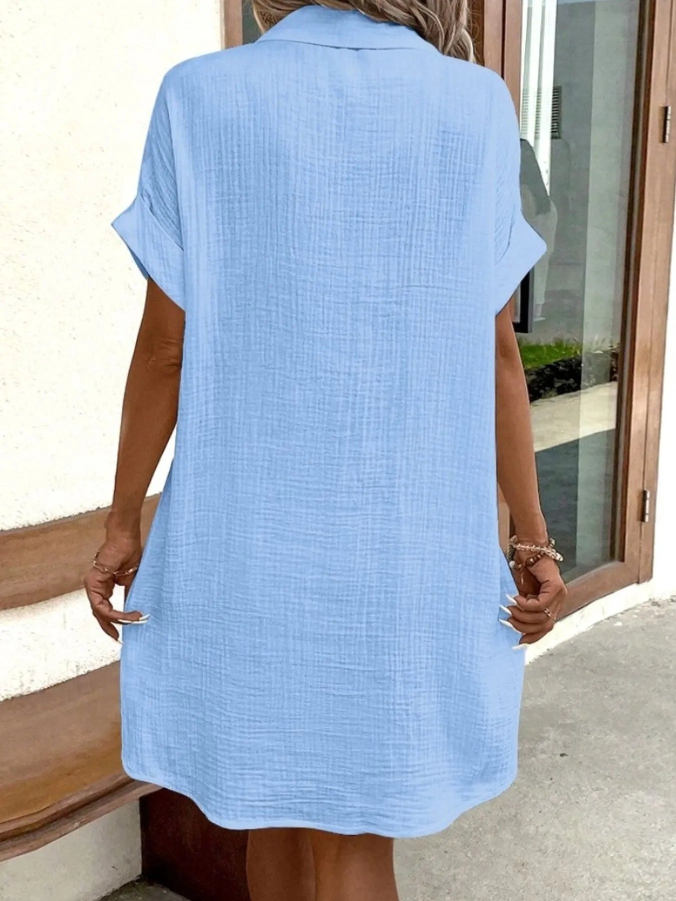 Casual Button Down Cotton Shirt Dress with Pockets.