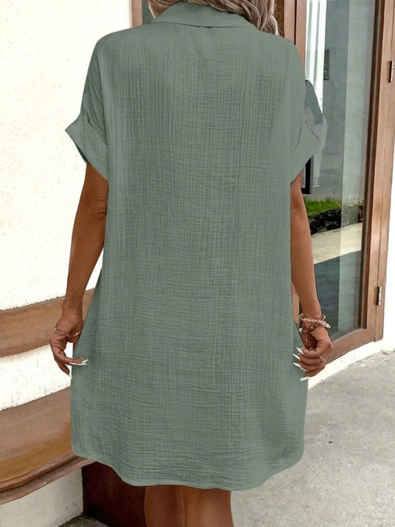 Casual Button Down Cotton Shirt Dress with Pockets.