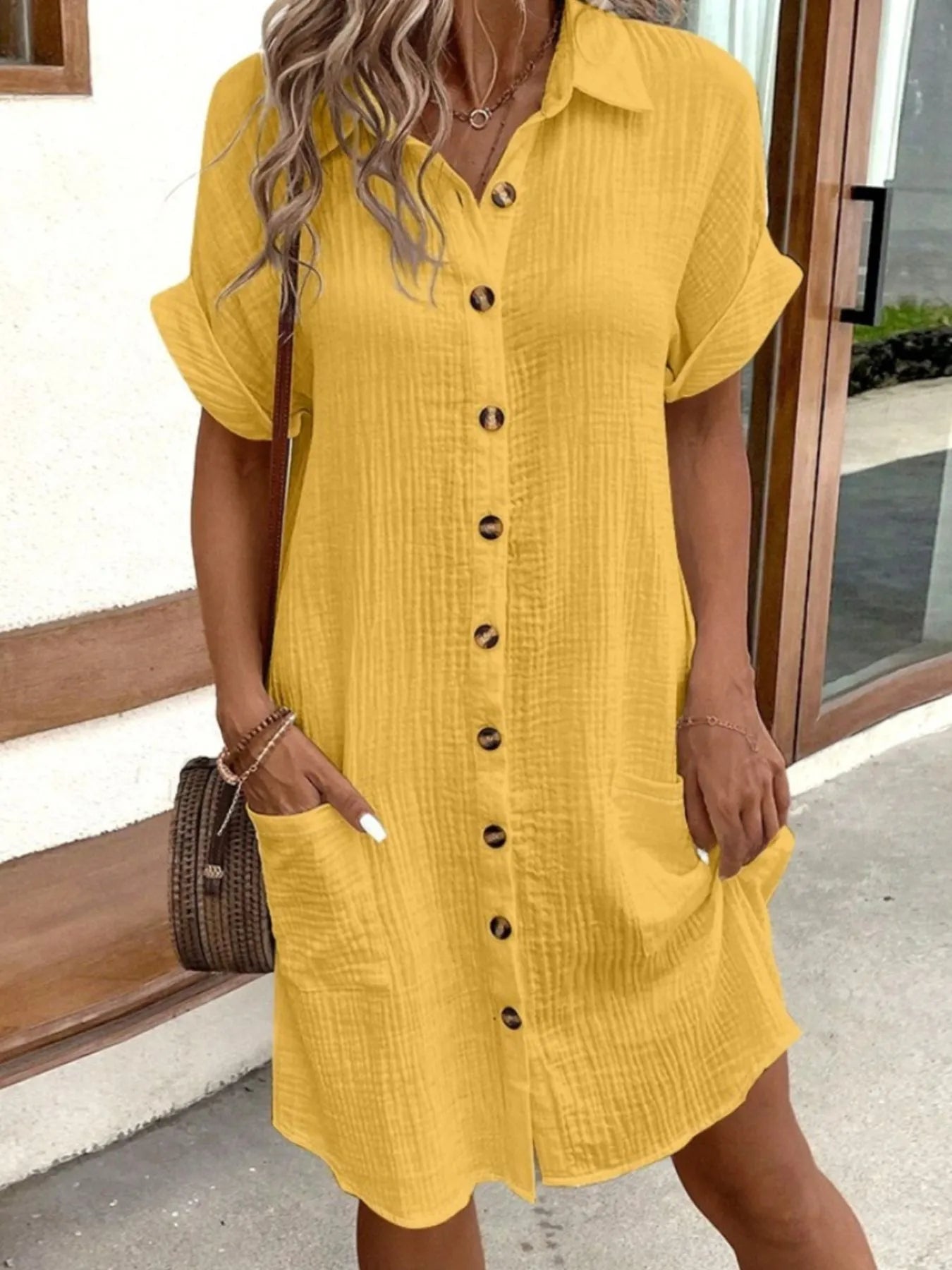 Casual Button Down Cotton Shirt Dress with Pockets.