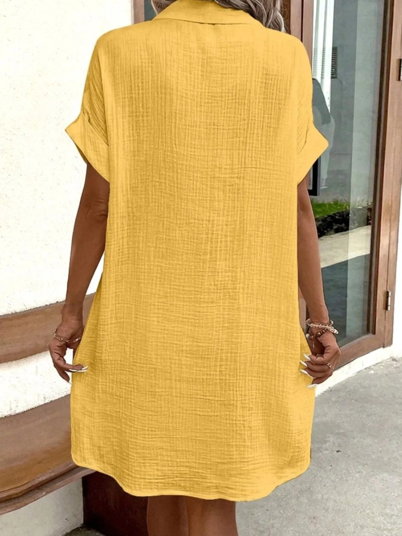 Casual Button Down Cotton Shirt Dress with Pockets.