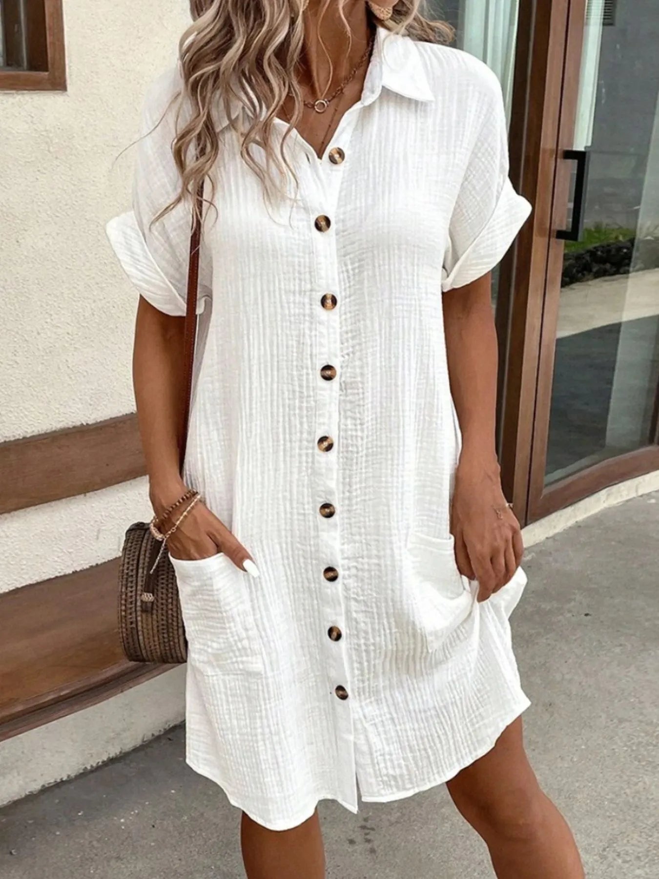 Casual Button Down Cotton Shirt Dress with Pockets.