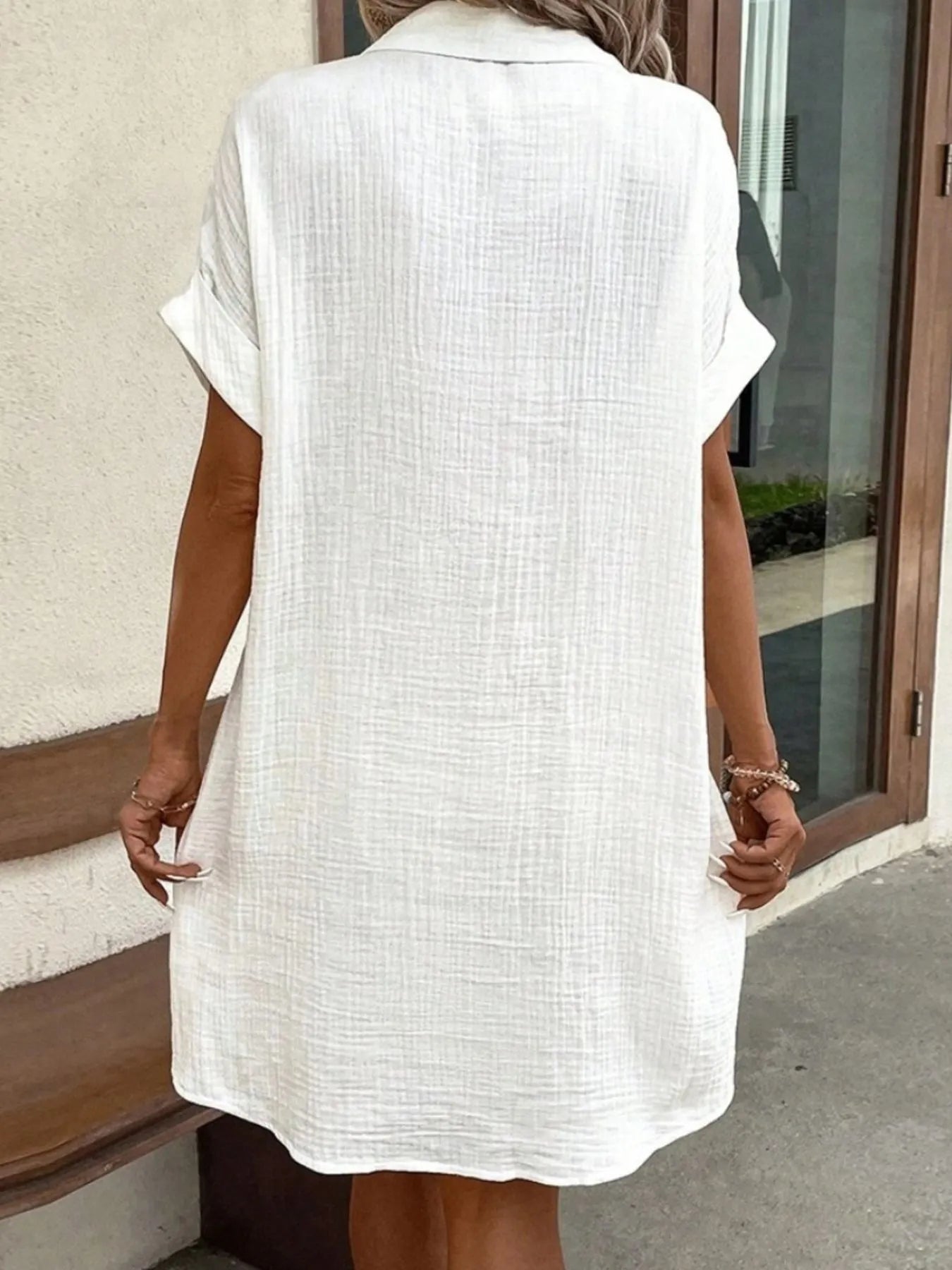 Casual Button Down Cotton Shirt Dress with Pockets.
