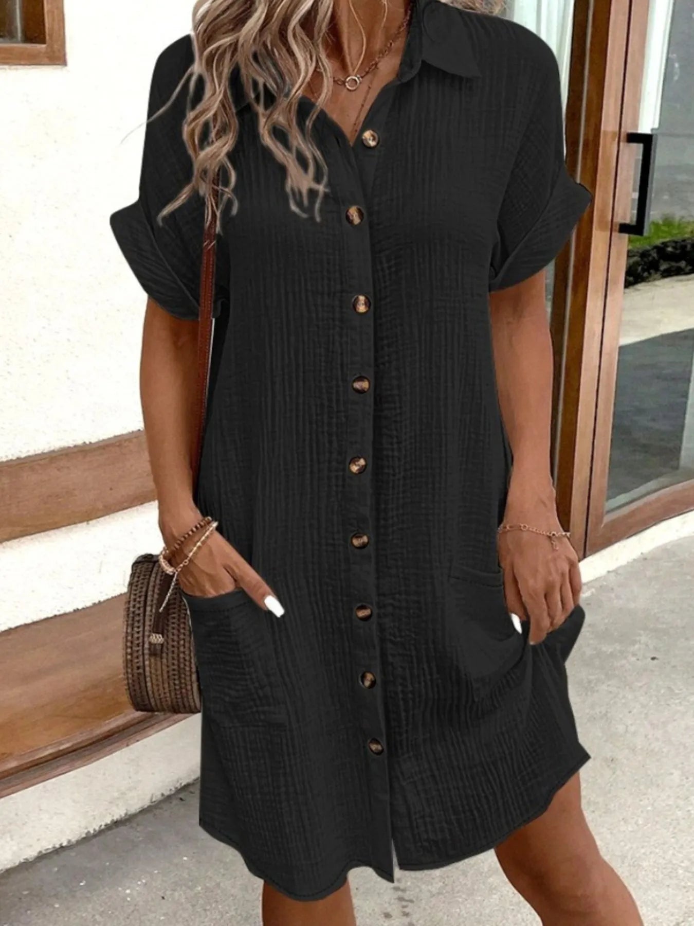 Casual Button Down Cotton Shirt Dress with Pockets.