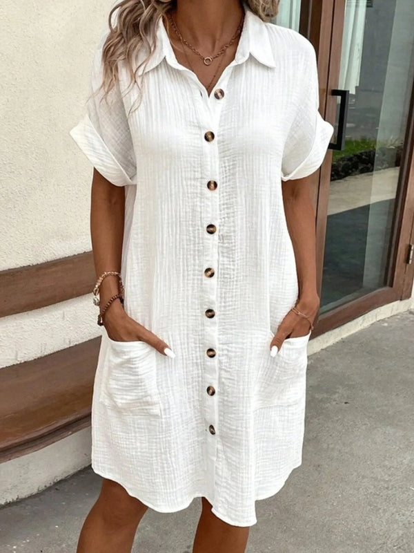Casual Button Down Cotton Shirt Dress with Pockets.