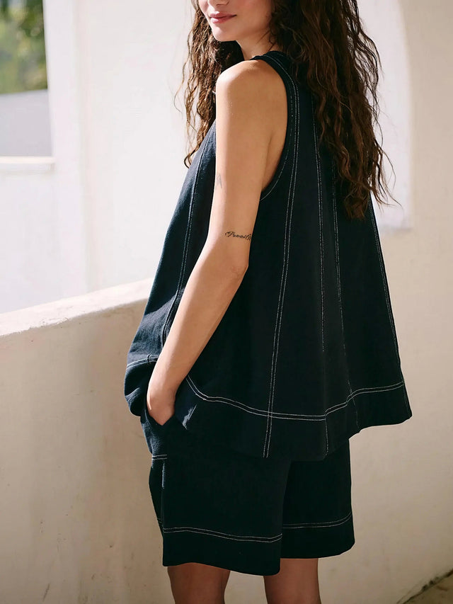 Casual contrast stitch denim tank top and shorts set, women's oversized two-piece outfit, stylish denim set, unique contrast stitching, practical pockets, seam detail, non-stretch polyester, trendy summer wear, perfect for relaxed casual style