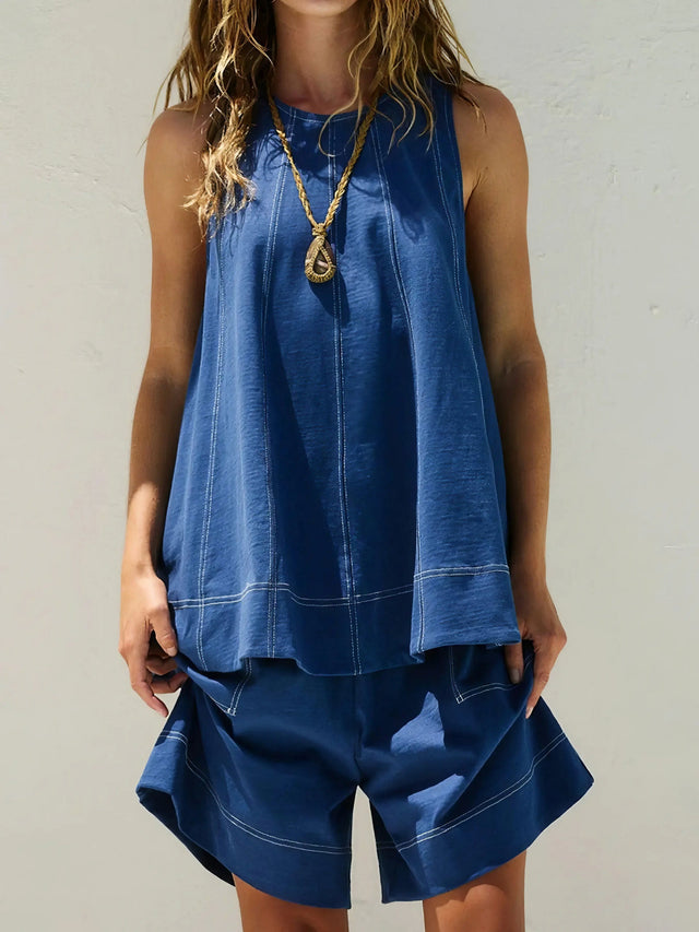 Casual contrast stitch denim tank top and shorts set, women's oversized two-piece outfit, stylish denim set, unique contrast stitching, practical pockets, seam detail, non-stretch polyester, trendy summer wear, perfect for relaxed casual style