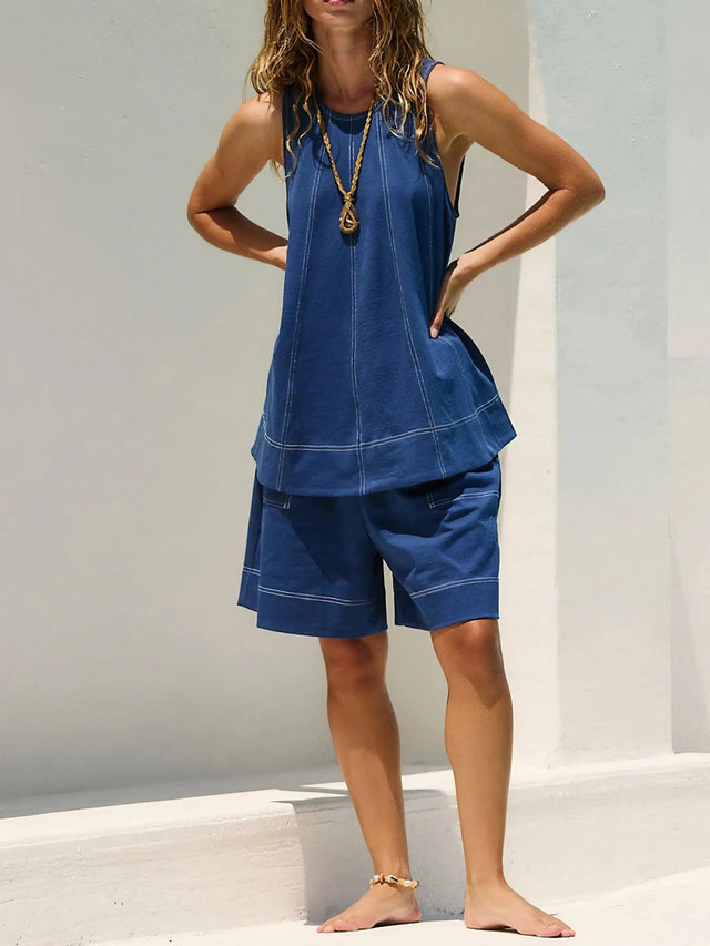 Casual contrast stitch denim tank top and shorts set, women's oversized two-piece outfit, stylish denim set, unique contrast stitching, practical pockets, seam detail, non-stretch polyester, trendy summer wear, perfect for relaxed casual style