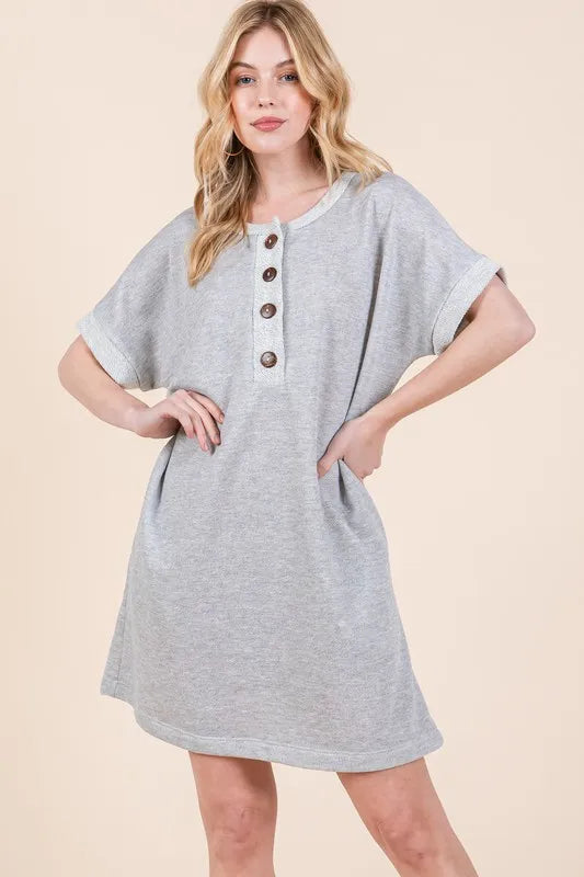 Casual Contrast Trim Henley Dress - Oversized.