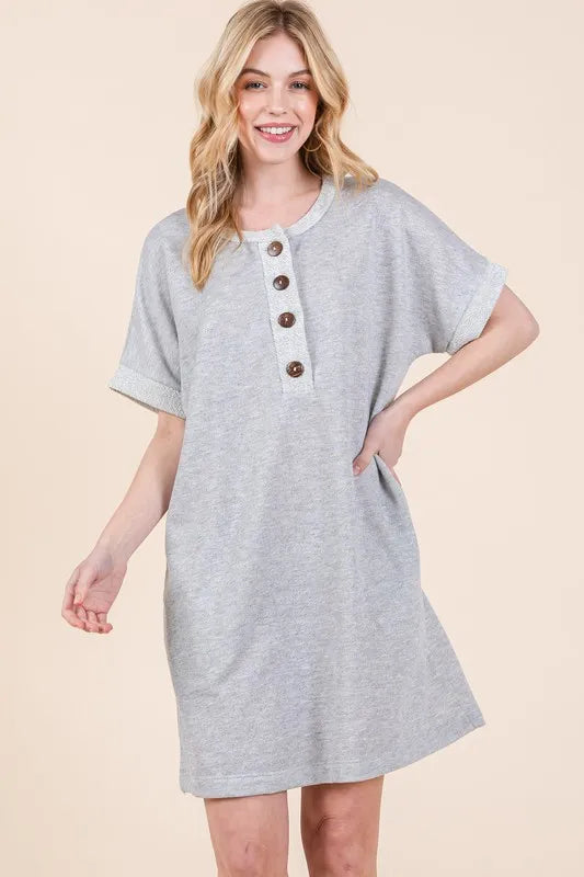 Casual Contrast Trim Henley Dress - Oversized.