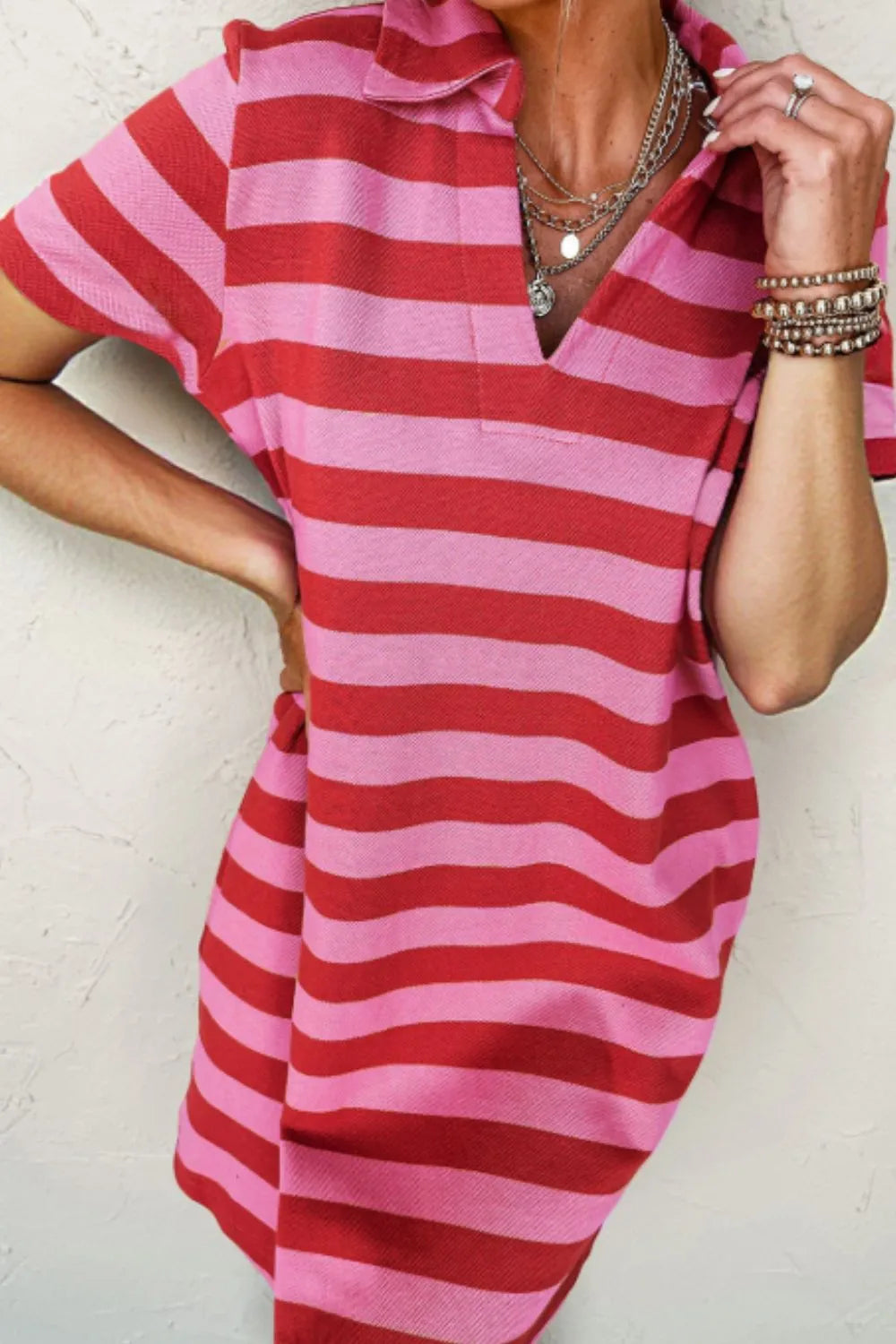 Casual Striped Polo Collar T-Shirt Dress.