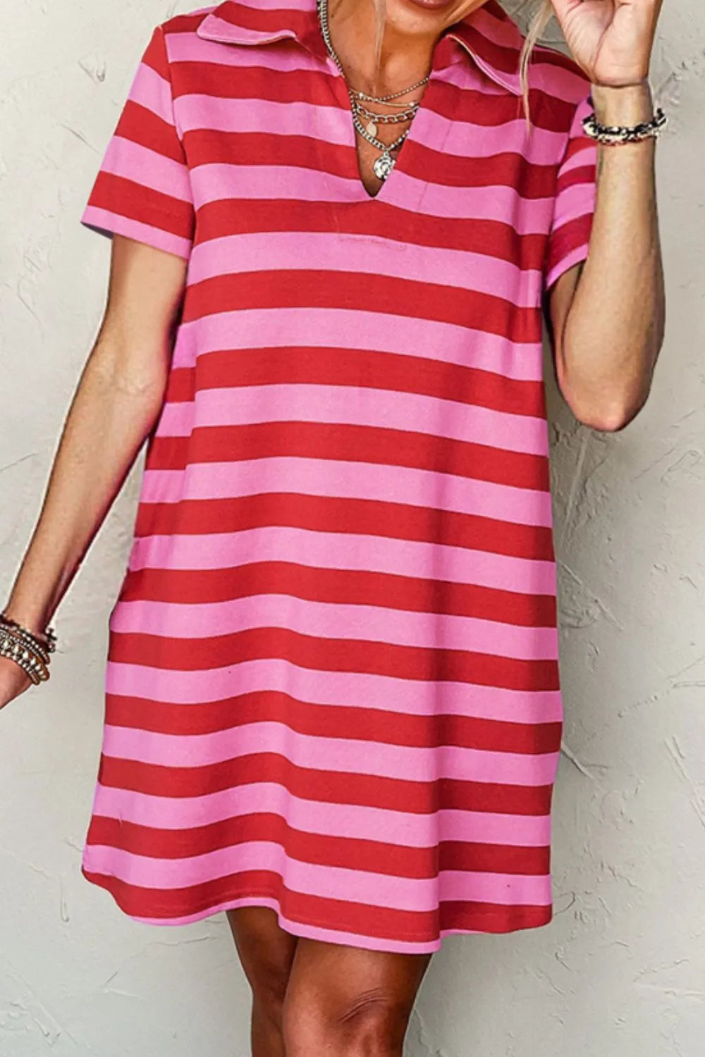 Casual Striped Polo Collar T-Shirt Dress.