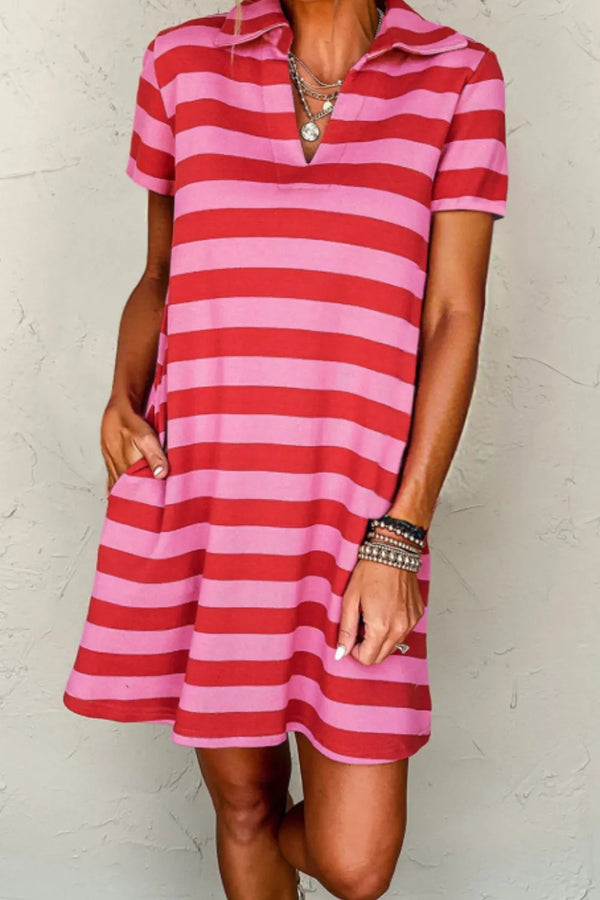 Casual Striped Polo Collar T-Shirt Dress.