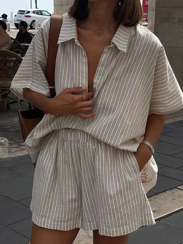 striped short sleeve top and shorts set, casual two-piece outfit, women's summer stripes, relaxed fit top, comfortable shorts, chic everyday wear, effortless matching set