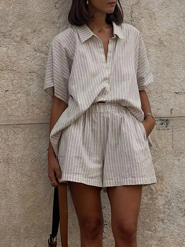 striped short sleeve top and shorts set, casual two-piece outfit, women's summer stripes, relaxed fit top, comfortable shorts, chic everyday wear, effortless matching set
