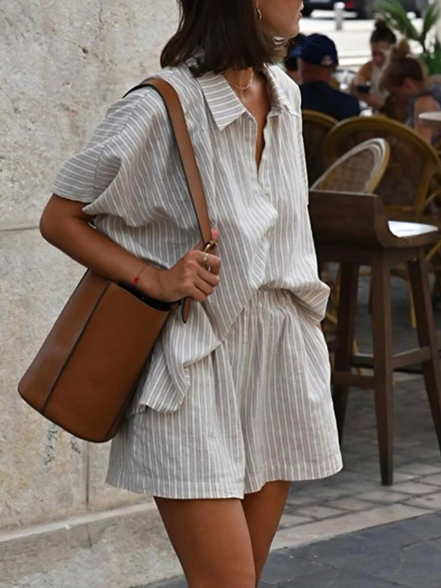 striped short sleeve top and shorts set, casual two-piece outfit, women's summer stripes, relaxed fit top, comfortable shorts, chic everyday wear, effortless matching set