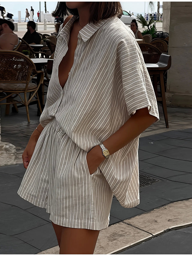 striped short sleeve top and shorts set, casual two-piece outfit, women's summer stripes, relaxed fit top, comfortable shorts, chic everyday wear, effortless matching set