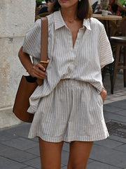 striped short sleeve top and shorts set, casual two-piece outfit, women's summer stripes, relaxed fit top, comfortable shorts, chic everyday wear, effortless matching set
