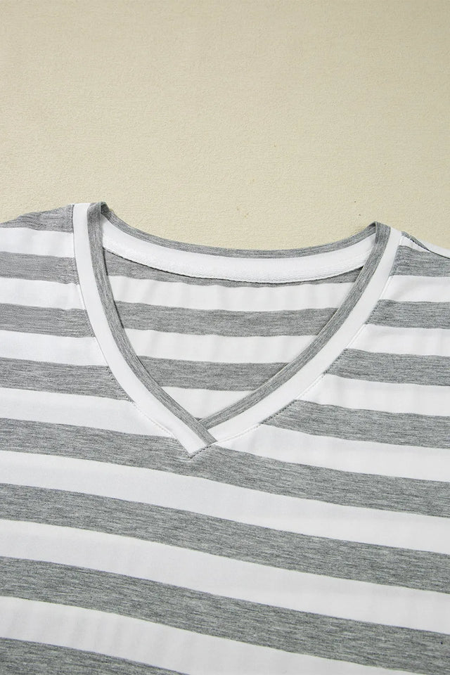 Casual Striped V-Neck Midi T-Shirt Dress.