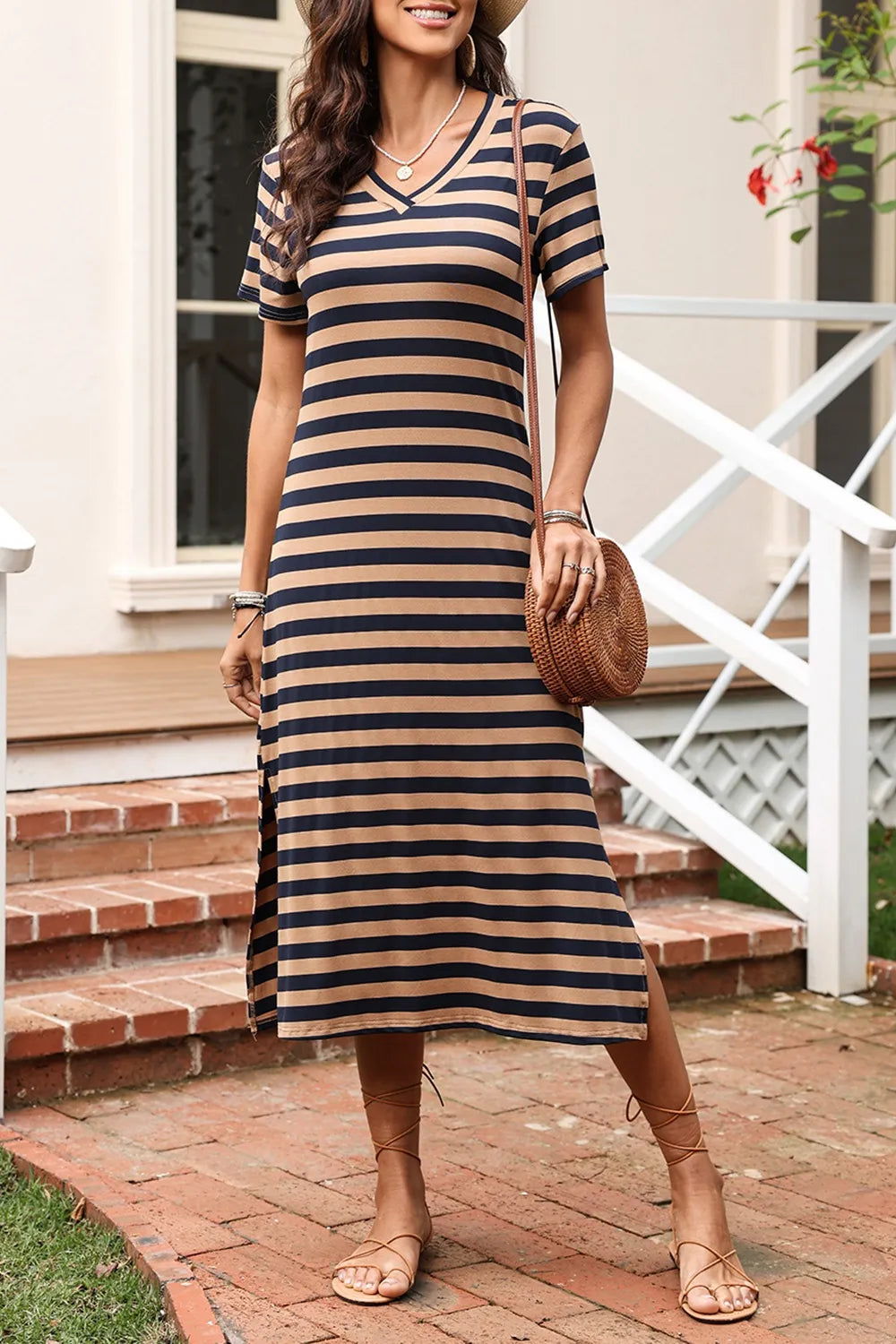 Casual Striped V-Neck Midi T-Shirt Dress.
