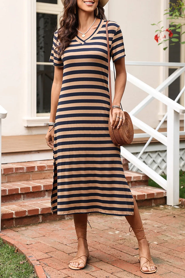 Casual Striped V-Neck Midi T-Shirt Dress.