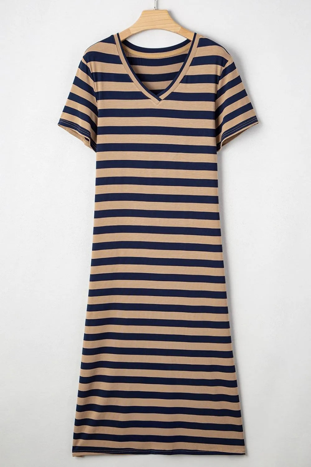 Casual Striped V-Neck Midi T-Shirt Dress.