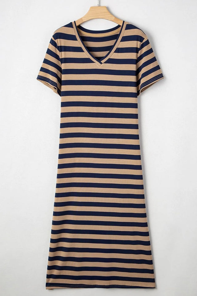 Casual Striped V-Neck Midi T-Shirt Dress.