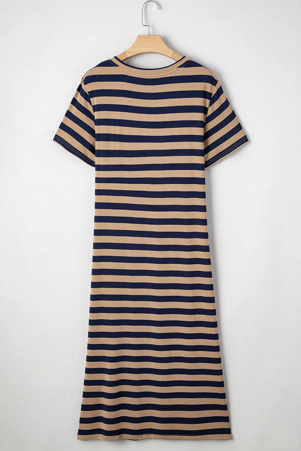 Casual Striped V-Neck Midi T-Shirt Dress.