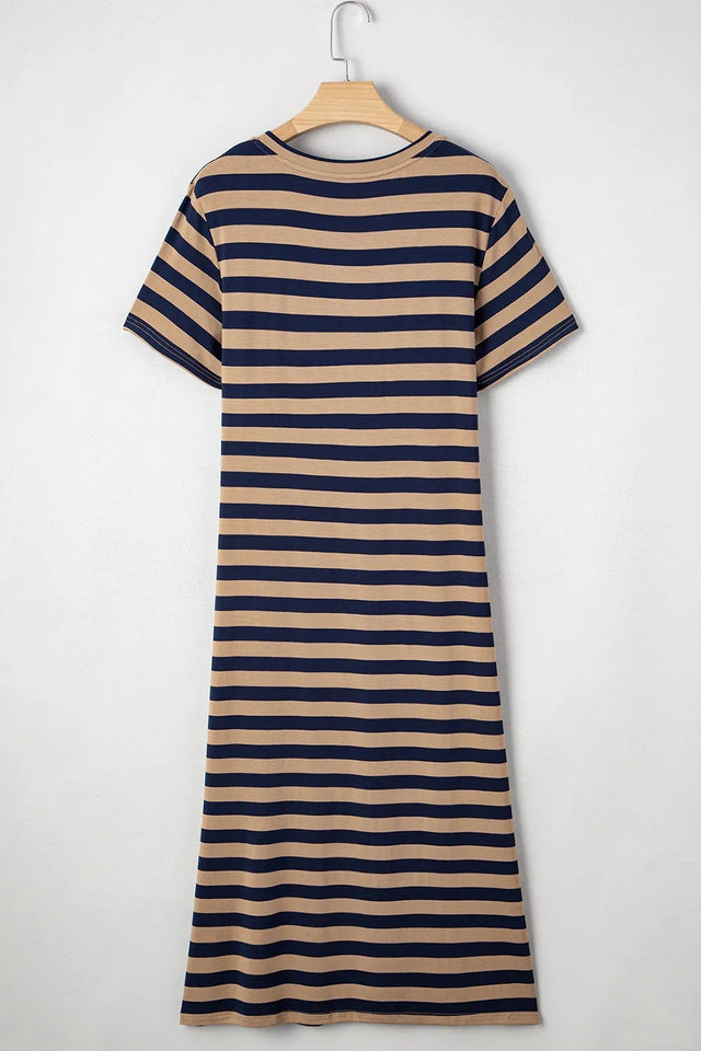 Casual Striped V-Neck Midi T-Shirt Dress.