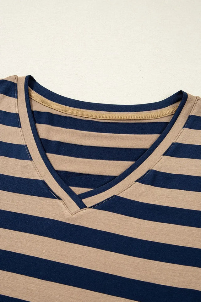 Casual Striped V-Neck Midi T-Shirt Dress.