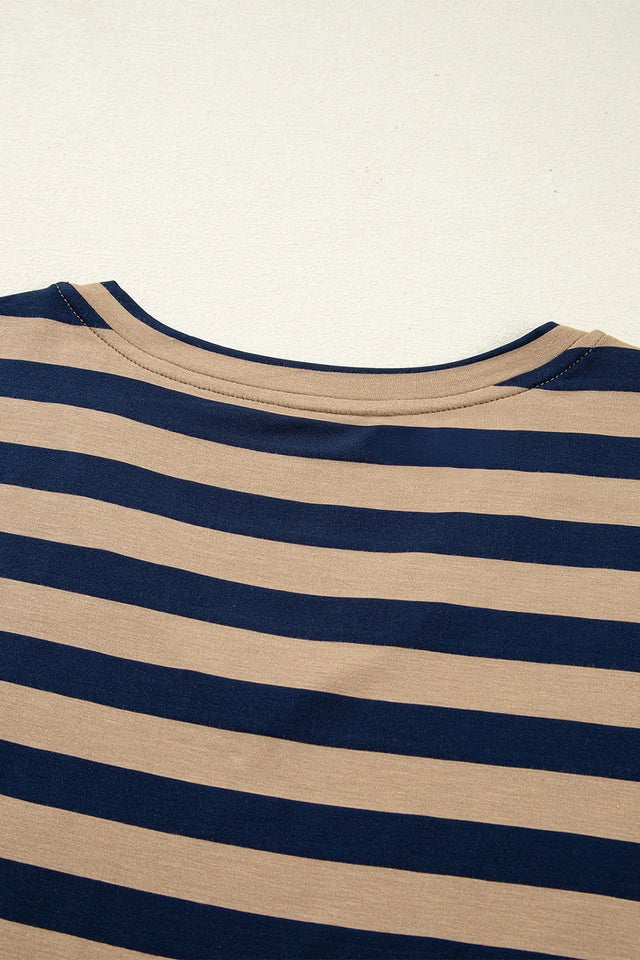 Casual Striped V-Neck Midi T-Shirt Dress.