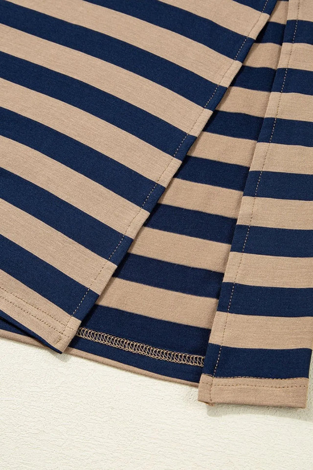 Casual Striped V-Neck Midi T-Shirt Dress.