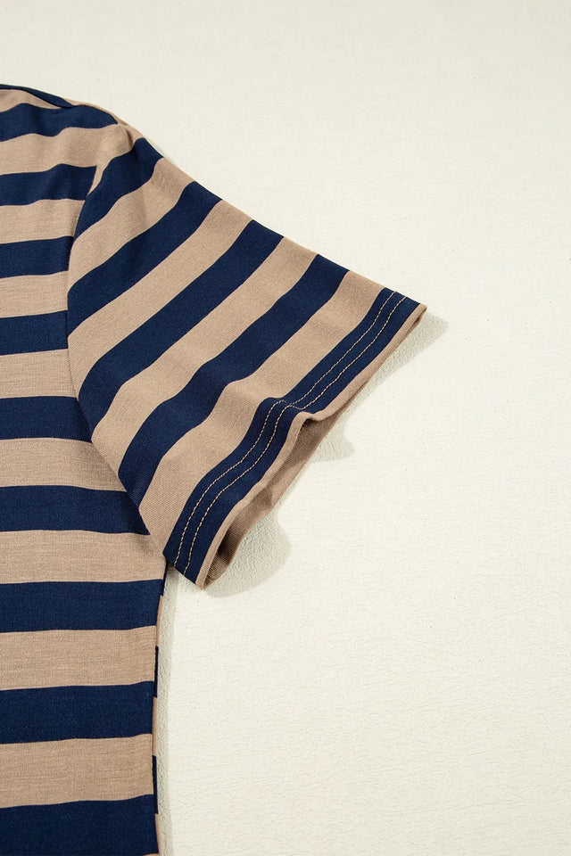 Casual Striped V-Neck Midi T-Shirt Dress.