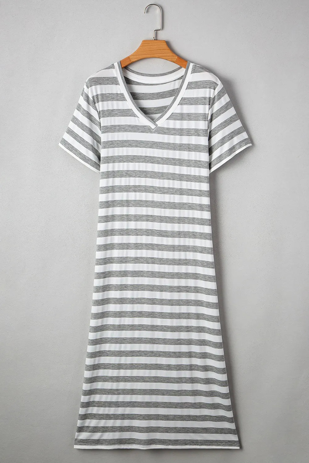 Casual Striped V-Neck Midi T-Shirt Dress.