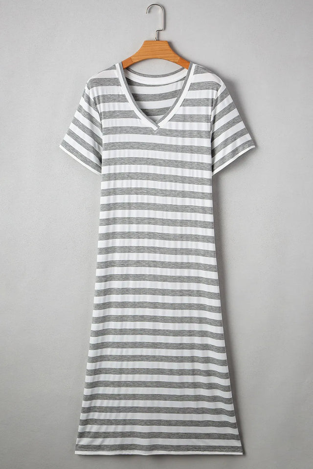 Casual Striped V-Neck Midi T-Shirt Dress.