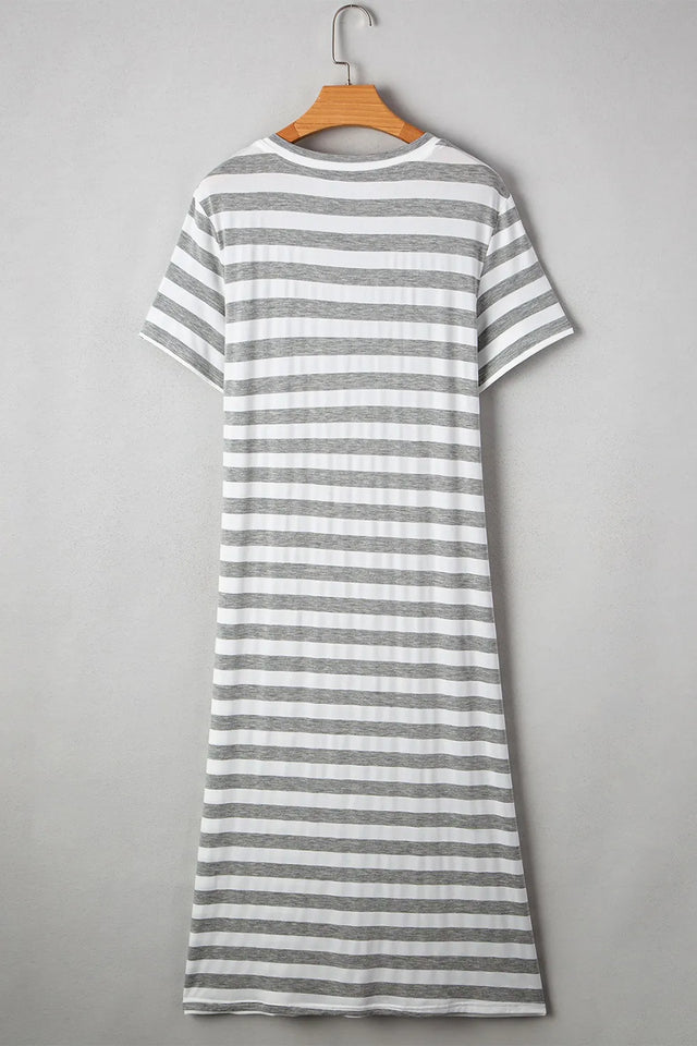 Casual Striped V-Neck Midi T-Shirt Dress.