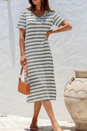 Casual Striped V-Neck Midi T-Shirt Dress.