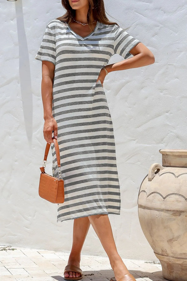 Casual Striped V-Neck Midi T-Shirt Dress.