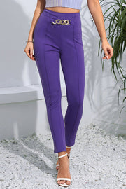 Chain detail slim fit cropped pants, solid chic style.