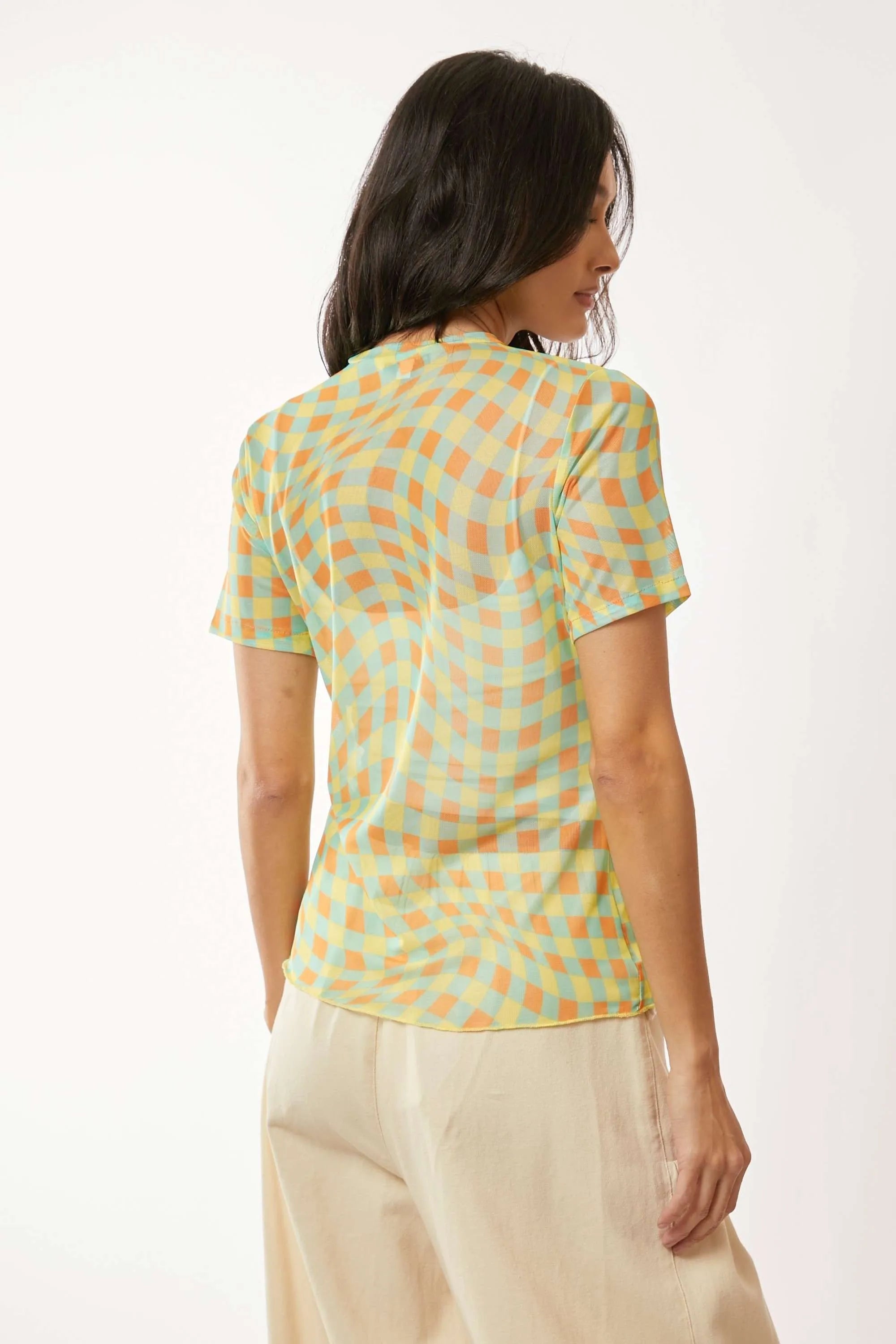 Davi Dani Checker Board Printed Mesh Short Sleeve Top.
