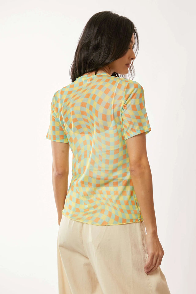 Davi Dani Checker Board Printed Mesh Short Sleeve Top.