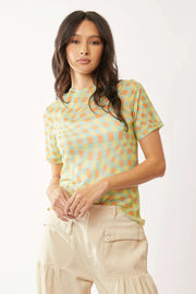 Davi Dani Checker Board Printed Mesh Short Sleeve Top.