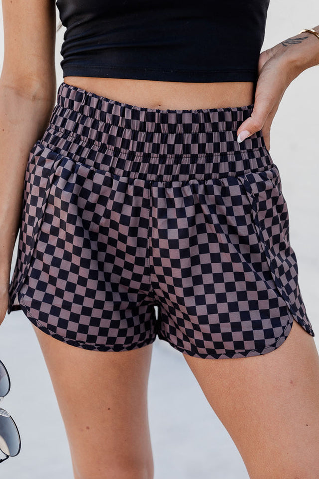 Checkered elastic waist shorts.