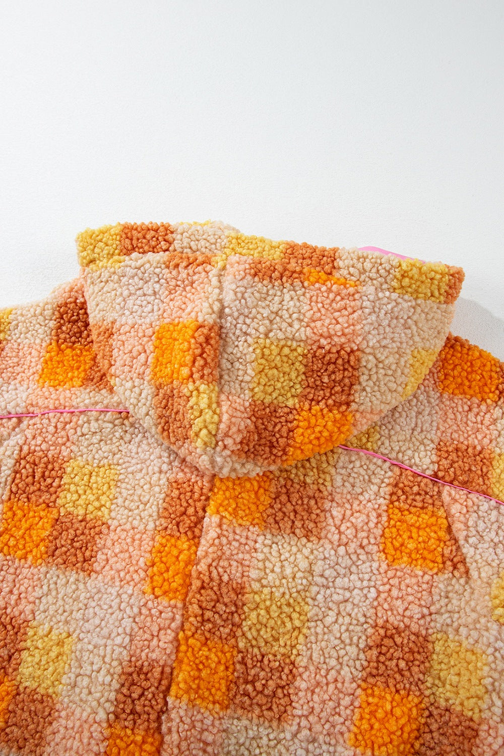 Checkered long sleeve sherpa hooded jacket.