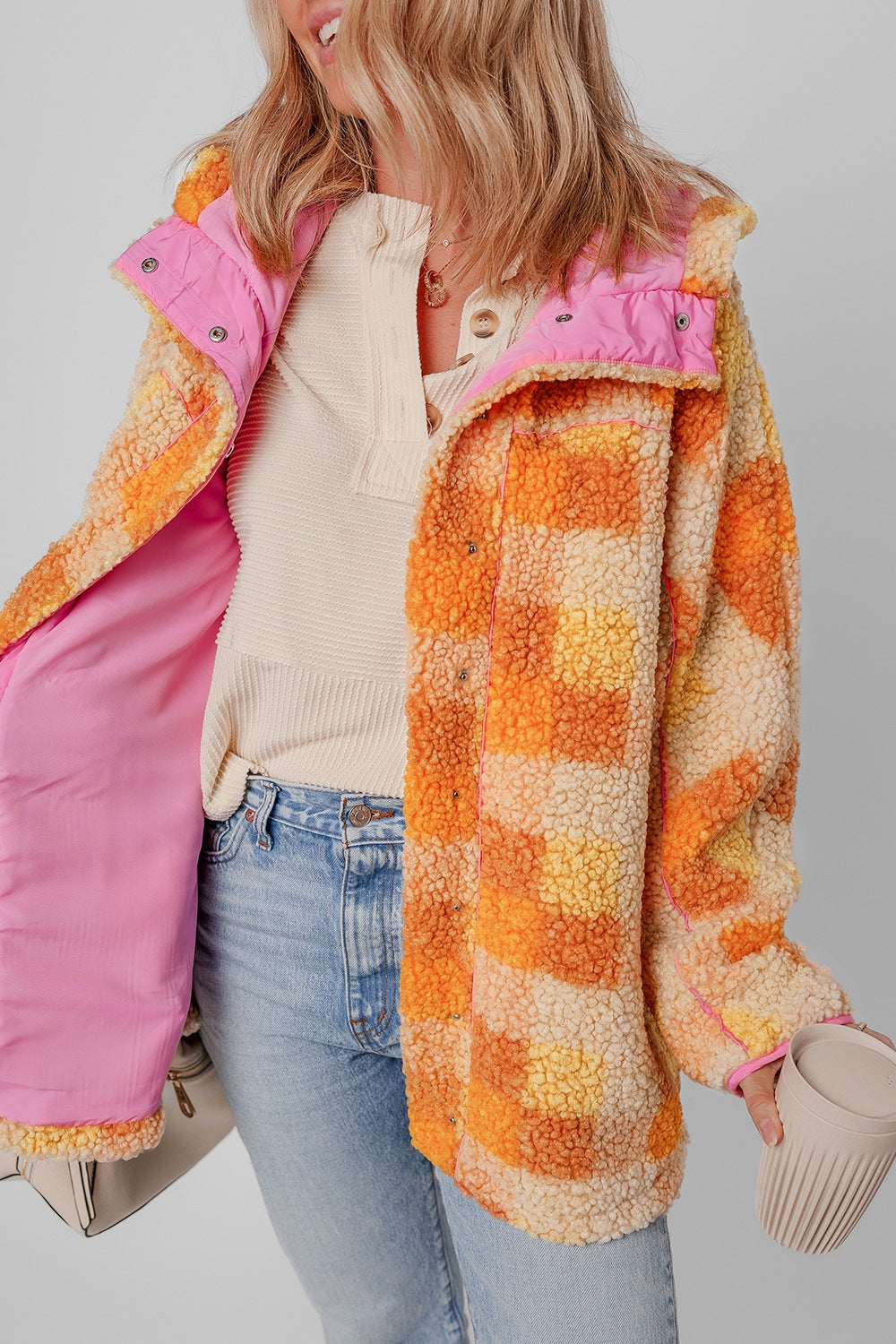 Checkered long sleeve sherpa hooded jacket.