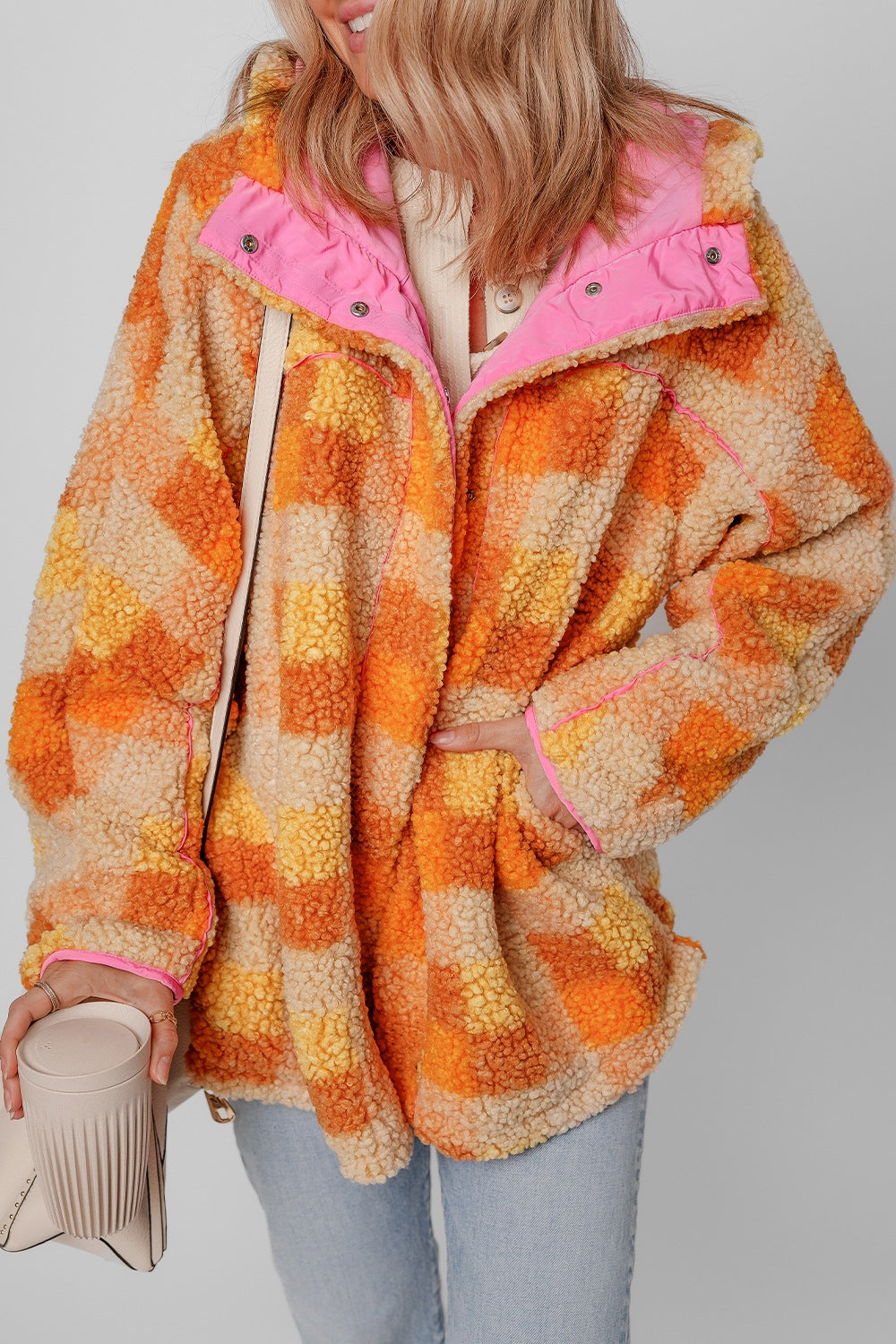 Checkered long sleeve sherpa hooded jacket.